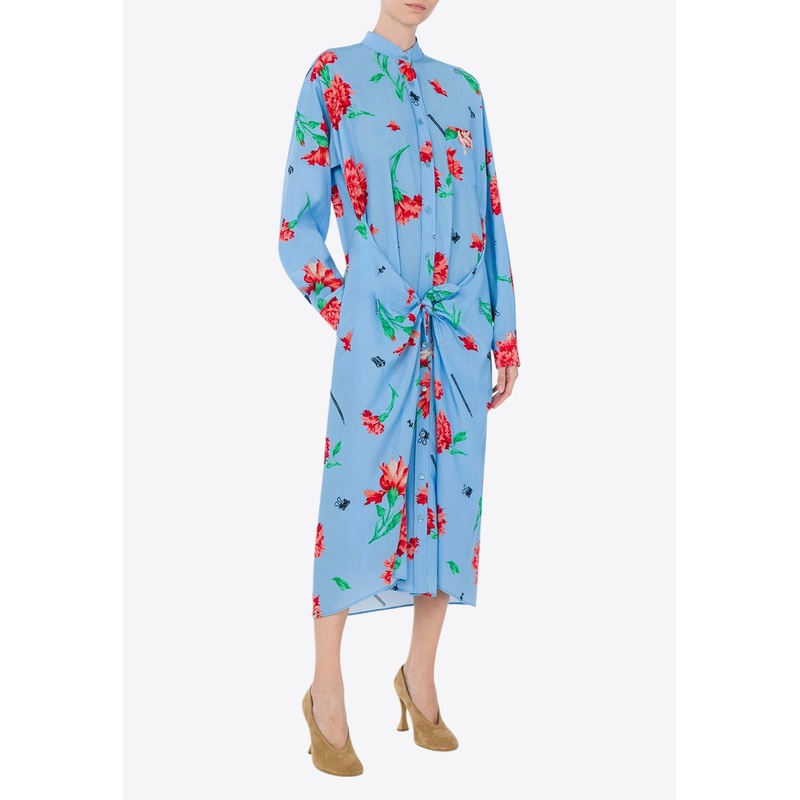 Carnation Print Knotted Midi Shirt Dress