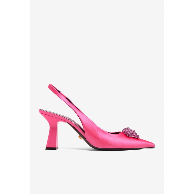 80 Crystal Embellished Medusa Slingback Pumps in Satin