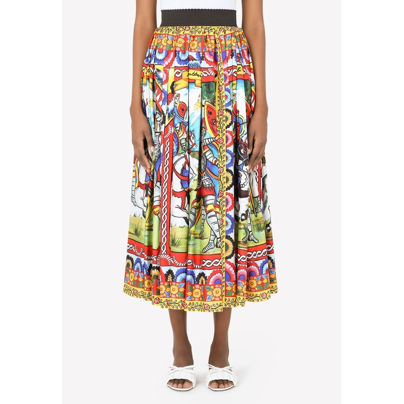 Carretto Print Pleated Silk Twill Midi Skirt