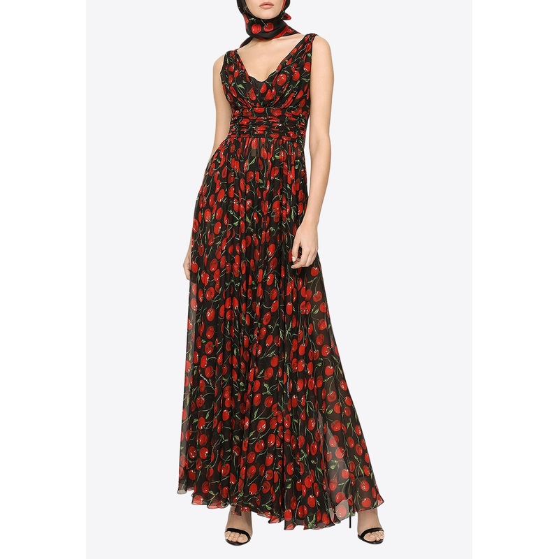 Cherry Print Maxi Chiffon Dress