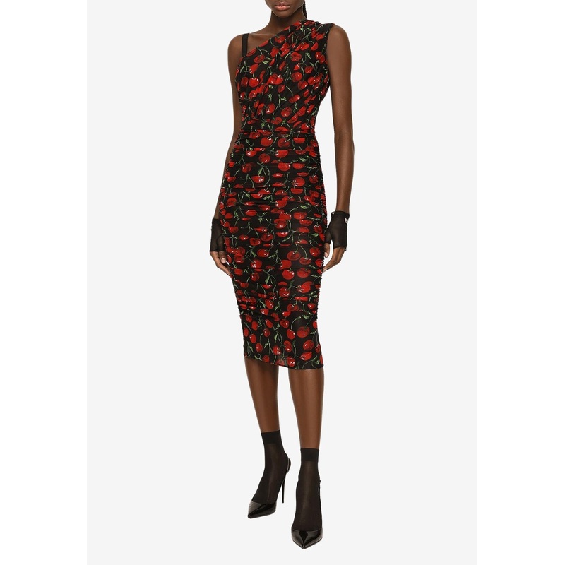 Cherry Print One-Shoulder Midi Dress
