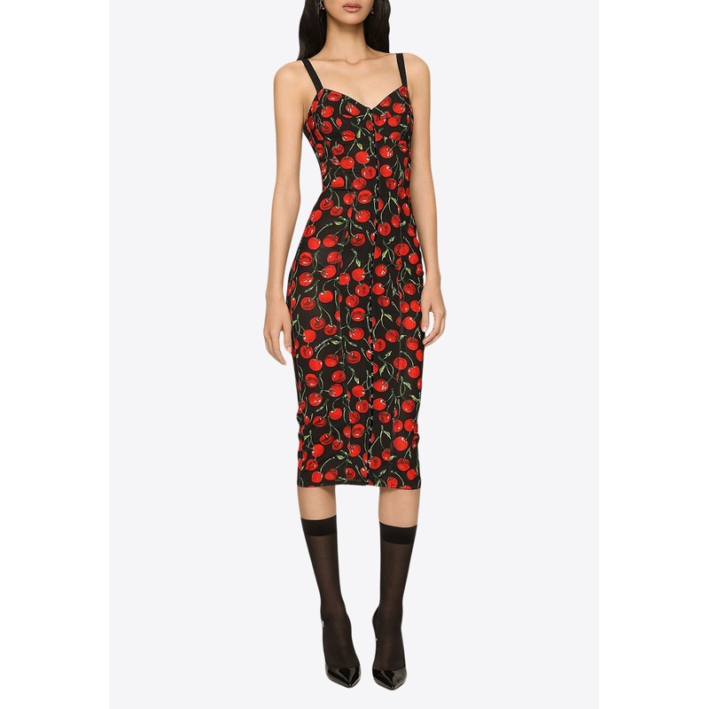Cherry-Printed Sleeveless Midi Dress