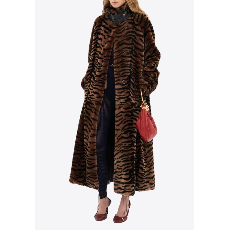 Double-Breasted Tiger Print Shearling Coat