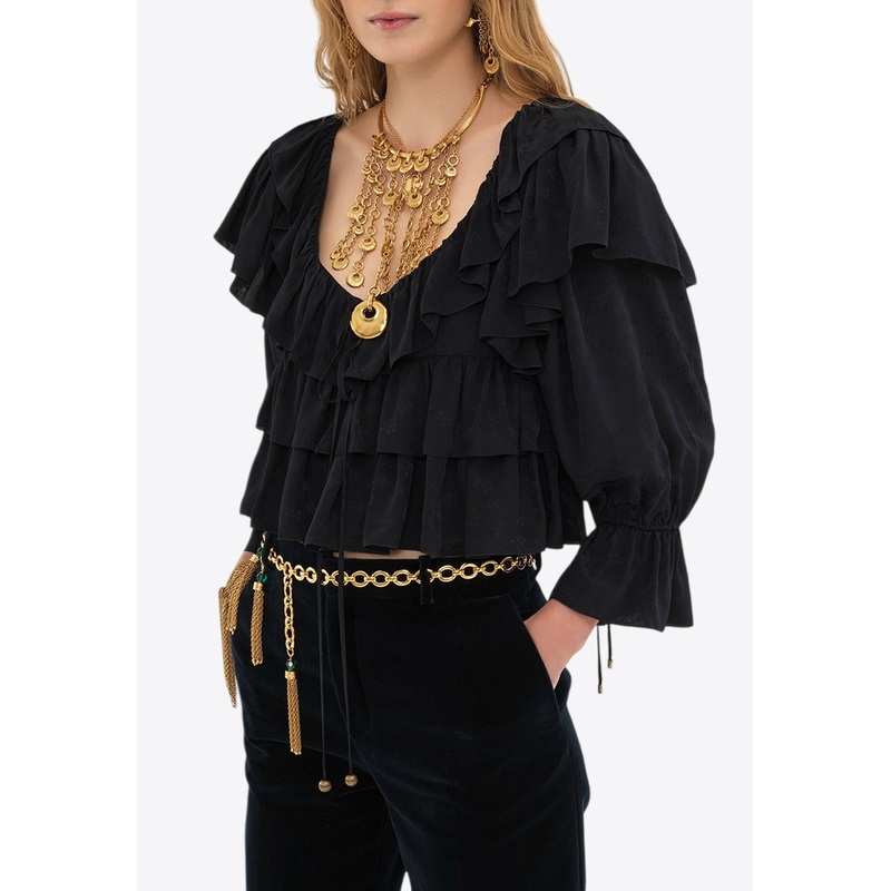 Floral Jacquard Ruffled Cropped Top