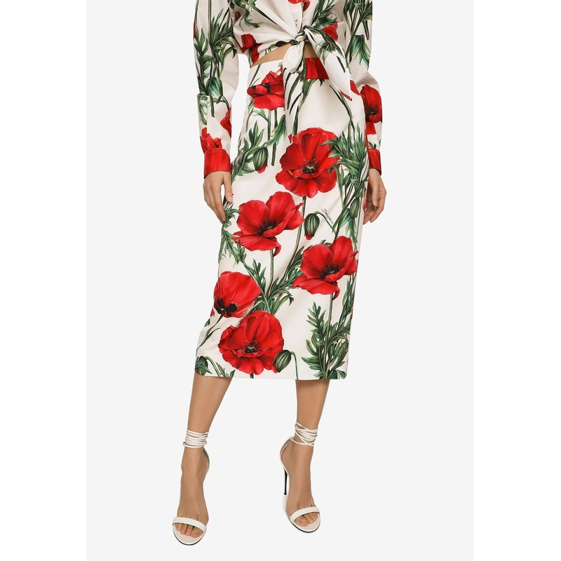 Poppy-Print Charmeuse Midi Skirt