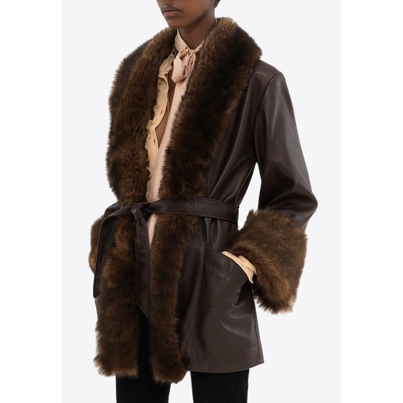 Shearling-Trimmed Oversized Leather Coat