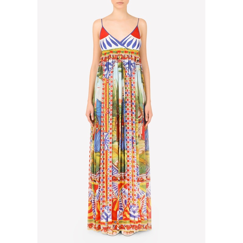 V-neck Carretto Print Chiffon Maxi Dress