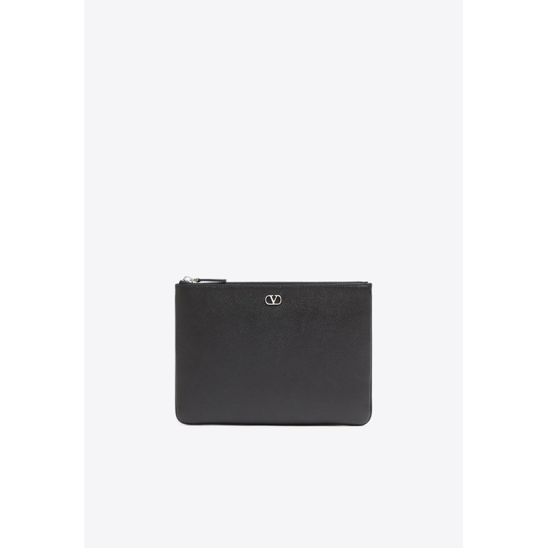 VLogo Grained Leather Zip Pouch