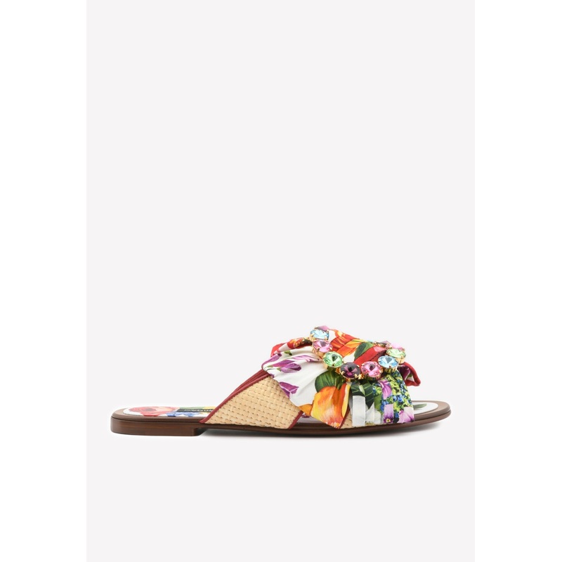 Bianca Floral Flat Sandals with Crystal Buckle