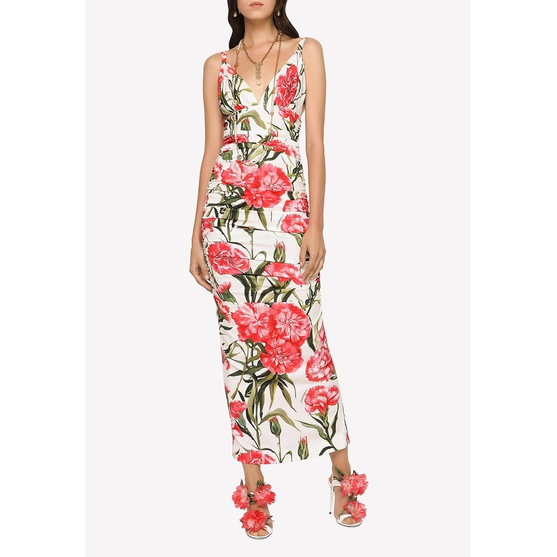 Carnation Print Charmeuse Midi Dress