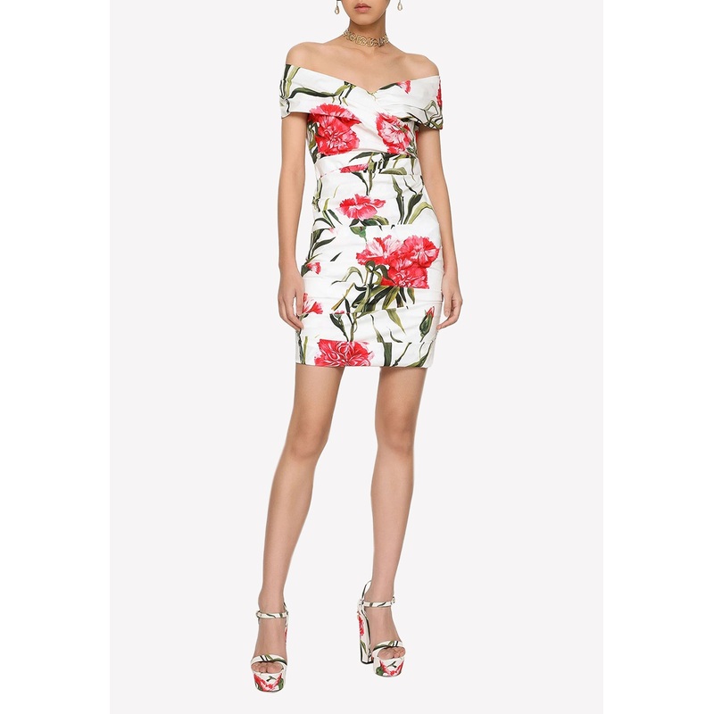 Carnation Print Draped Mini Dress