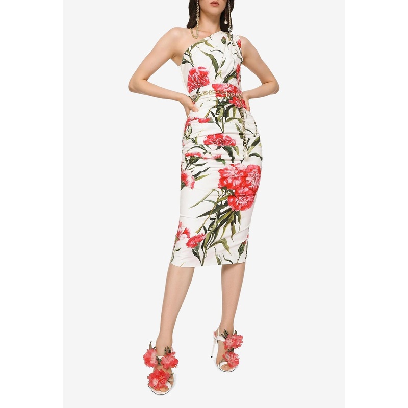 Carnation-Print One-Shoulder Midi Dress