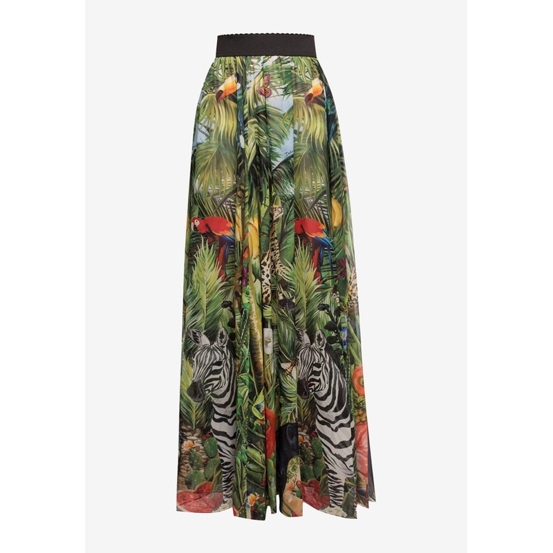 Jungle Print Pleated Georgette Maxi Skirt