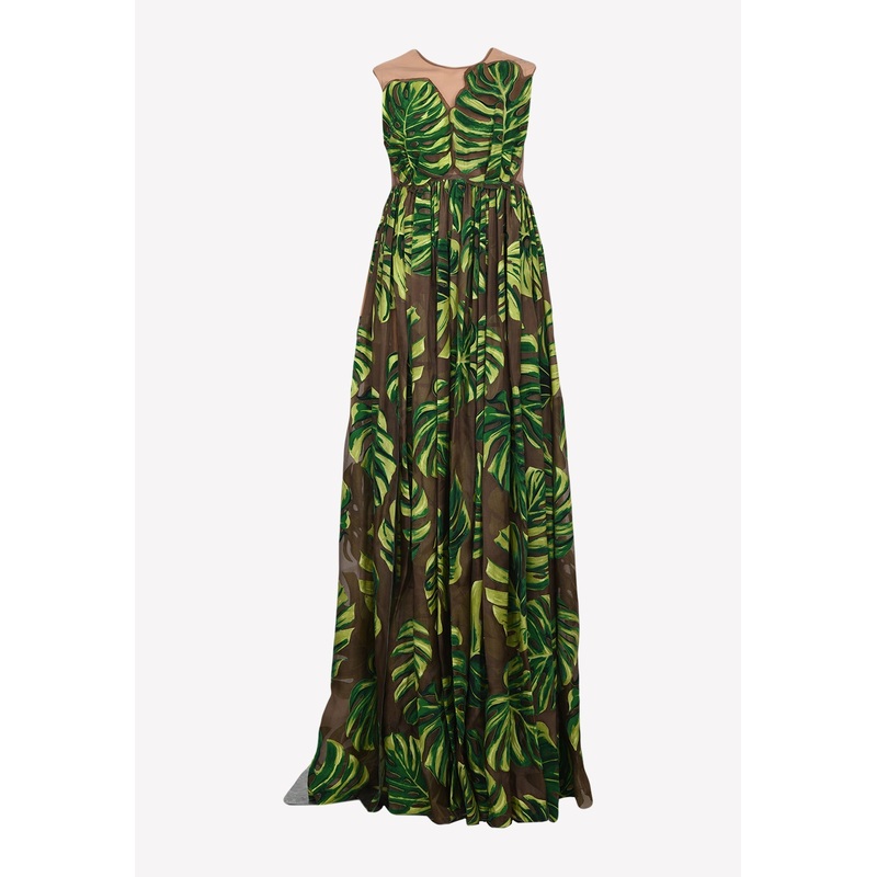 Leaf Print Pleated Sheer Maxi Dress