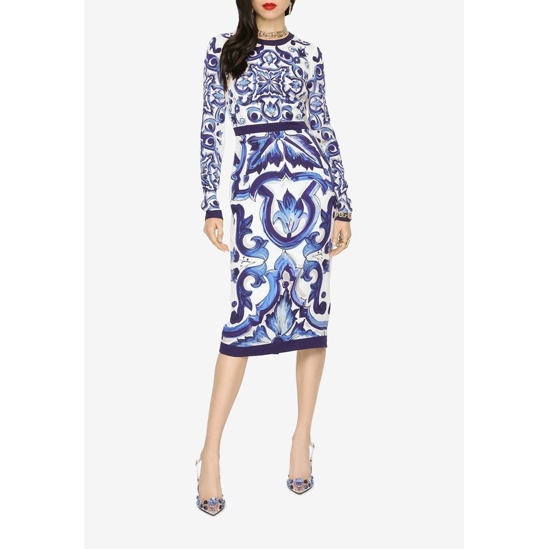 Majolica Print Charmeuse Midi Dress