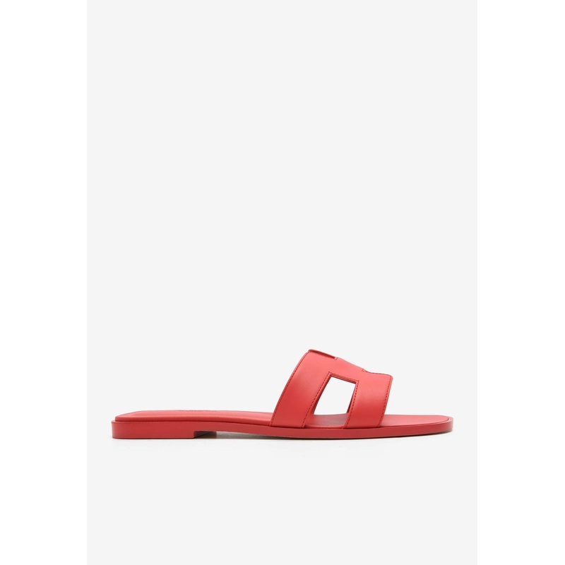 Oran H Cut-Out Sandals in Rose Vermillon Epsom Leather