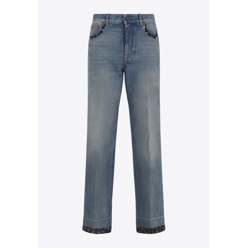 Contrasting-Edge Straight-Leg Jeans
