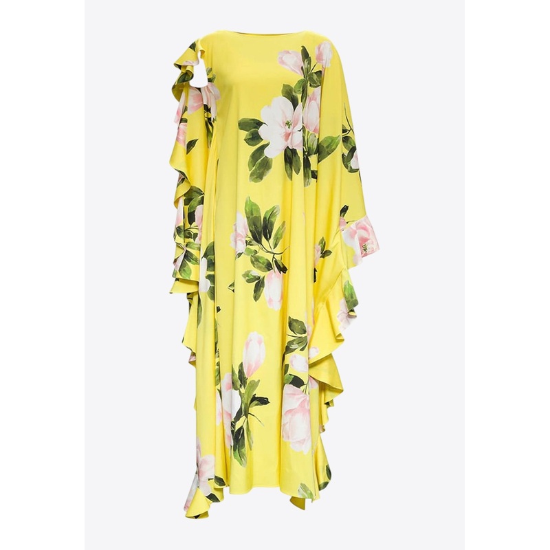 Floral Print Ruffled Midi Silk Dress