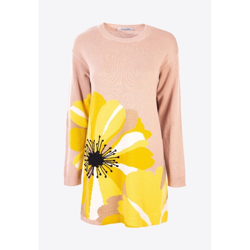 Intarsia Knit Long Cashmere Sweater