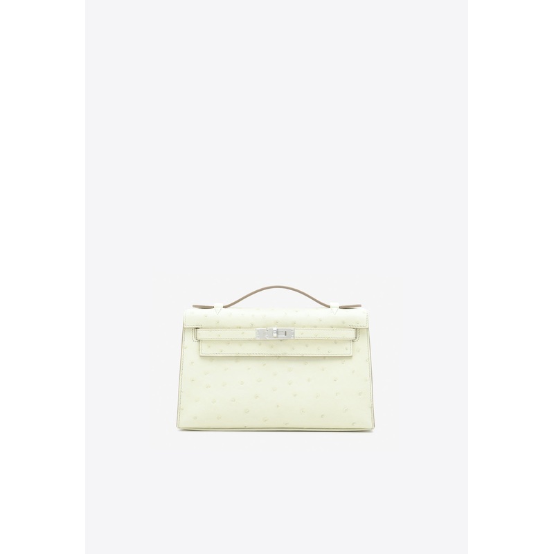 Kelly Pochette in Beton Ostrich Leather with Palladium Hardware