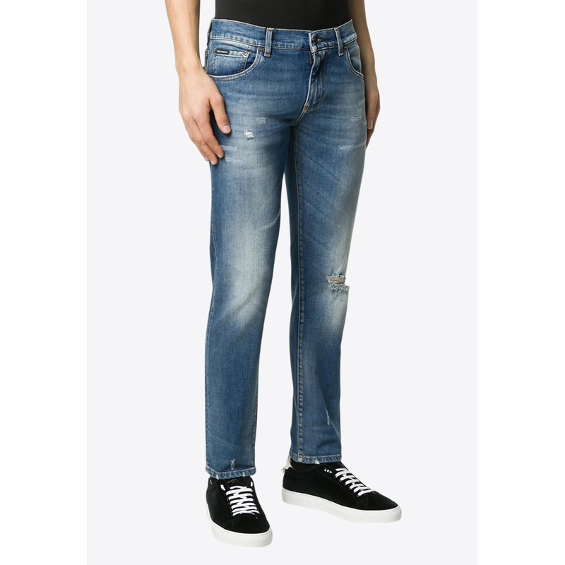 Logo Patch Distressed Faded Jeans