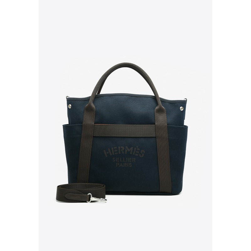 The Grooming Bag in Bleu Navy Canvas and Feu Barenia Leather
