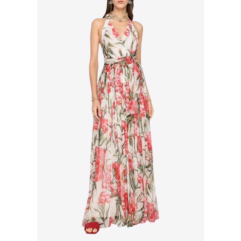 Carnation Print Halterneck Maxi Dress