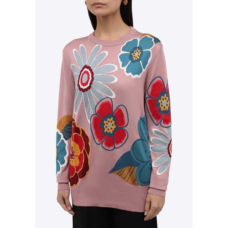Crewneck Floral Silk Sweater