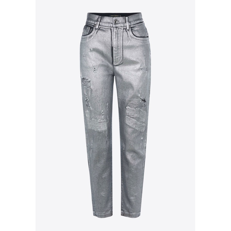 High-Waist Distressed Metallic Jeans
