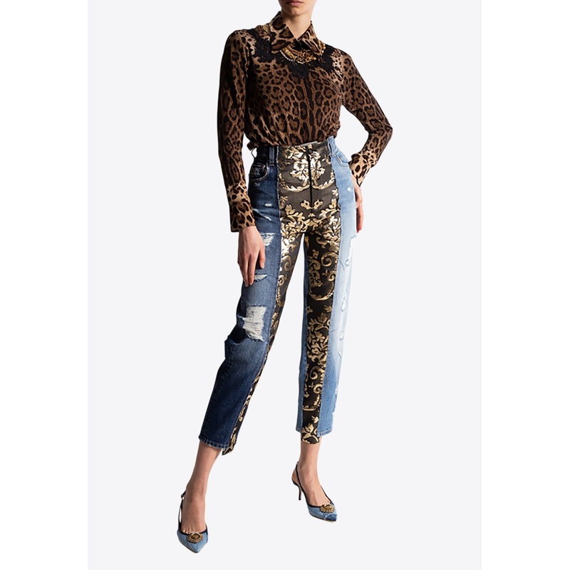 Jacquard Straight-Leg Paneled Jeans