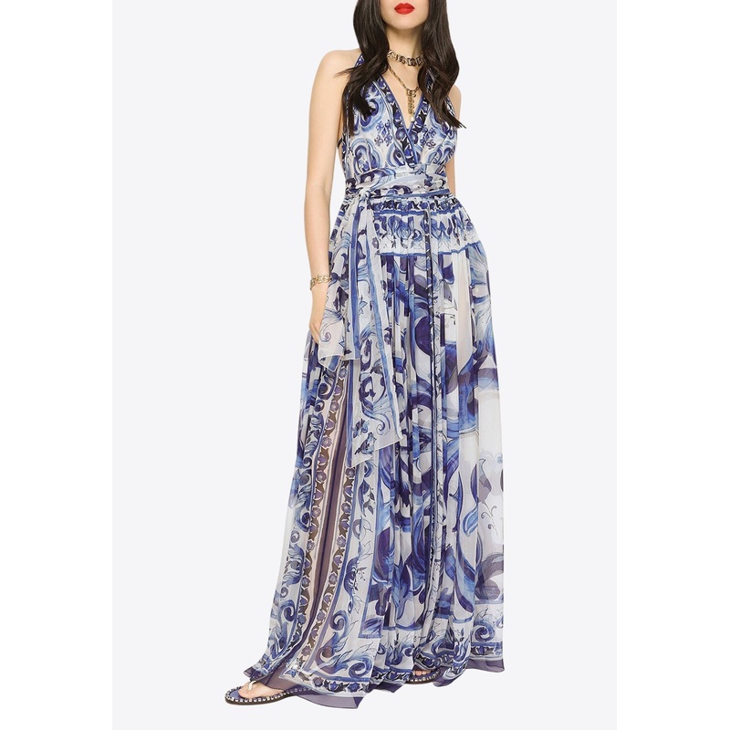 Majolica Print Chiffon Maxi Dress