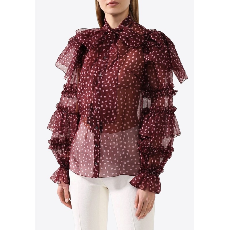 Polka Dot Silk Ruffle Blouse