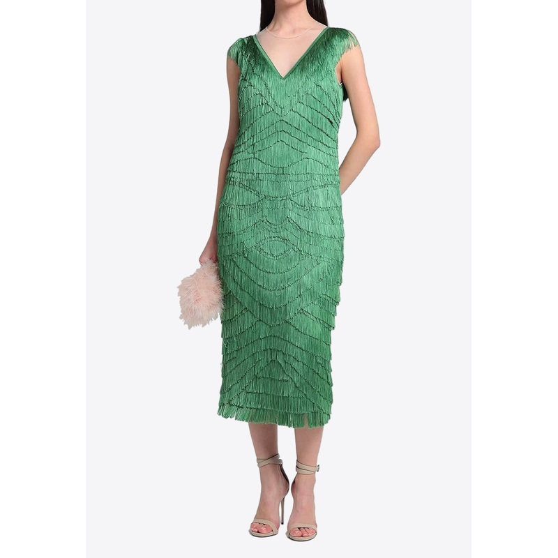 V-neck Fringed Midi Dress