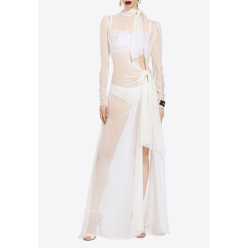 Maxi Silk Chiffon Dress with Self-Ties Bows