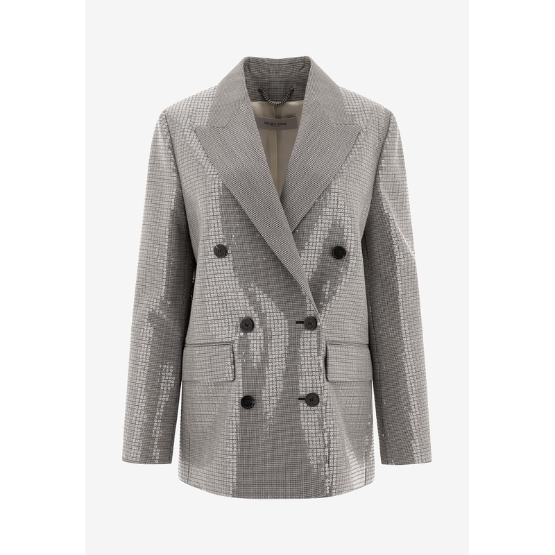 Double-Breasted Houndstooth Sequined Blazer
