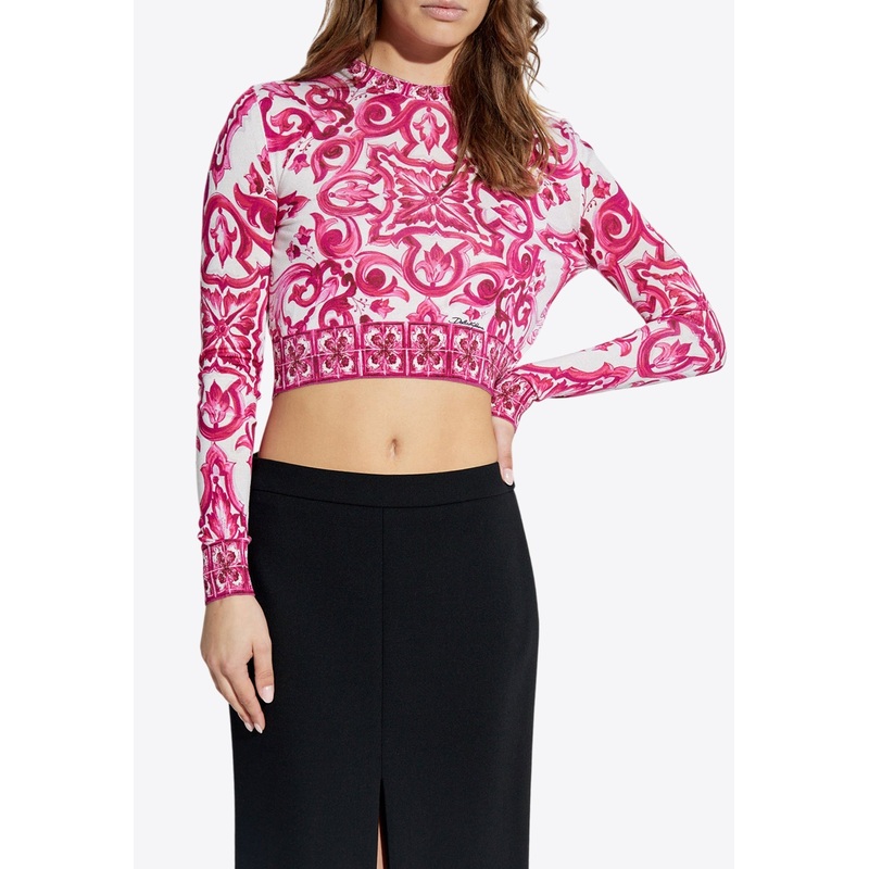 Majolica Print Cropped Silk Top