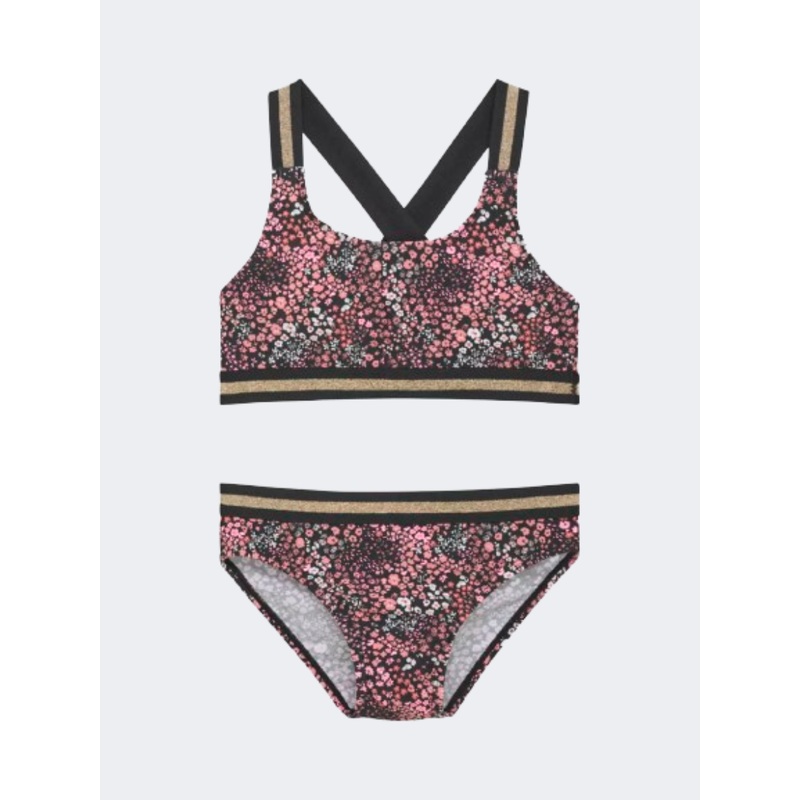 Color Kids Beautiful Contrast Straps Girls Beach Bikini Set Black/Floral