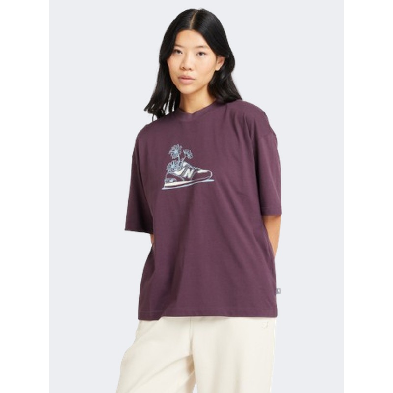 New Balance Oversized Flower Women Lifestyle T-Shirt Plum Brown