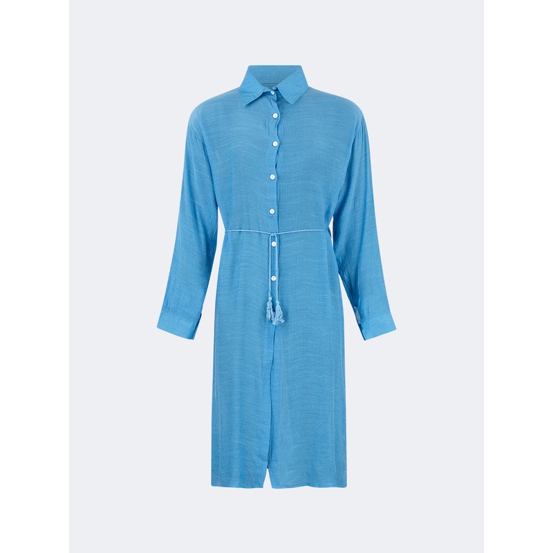 Oil And Gaz Chic Women Beach Linnen Dress Ls Blue