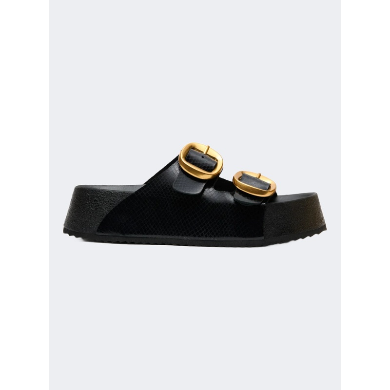 Ateneo Leather Women Beach Slippers Black Snake