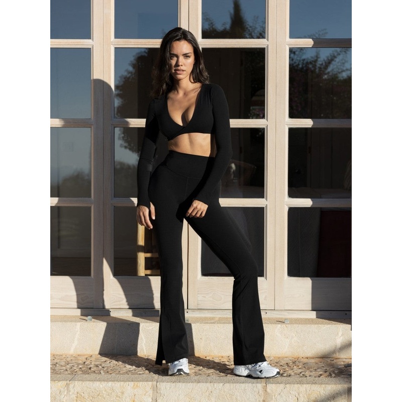 Wiskii High Waist Flare Split-Leg Women Sportswear Tight Black
