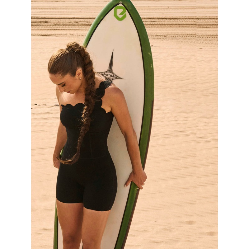 Wiskii One-Shoulder Scallop Yoga Women Sportswear Body Suit Black