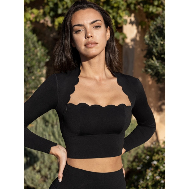 Wiskii Scallop Cropped Women Sportswear Long Sleeve Black