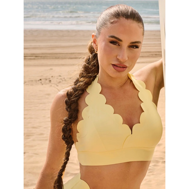 Wiskii V-Cut Scallop Halter Women Sportswear Bra Lemon