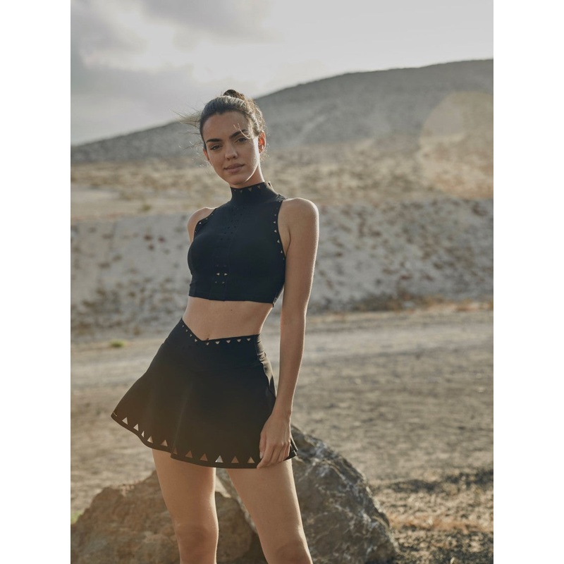 Wiskii V-Waist Laser Cut Tennis Women Sportswear Skirt Black
