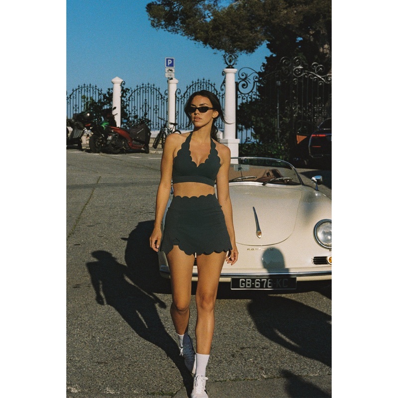 Wiskii High-Waist Scallop Split Front Women Sportswear Skirt Deep Sea