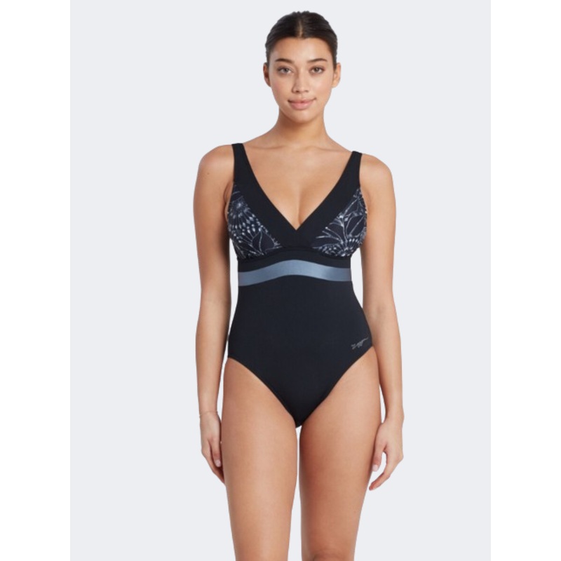 Zoggs Square Back Panel Women Swim Monokini Black/Steel/Grey