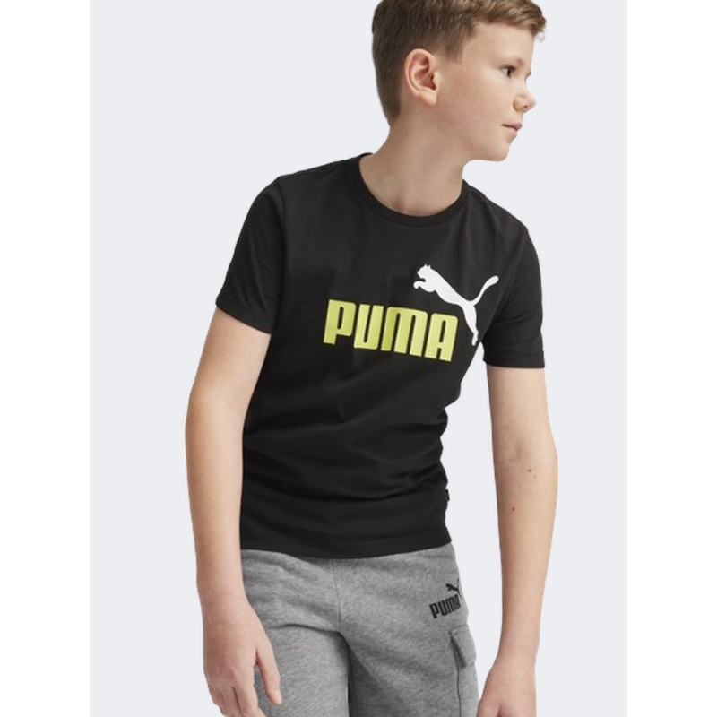 Puma Essential Plus 2 Col Logo Boys Lifestyle T-Shirt Black/Lime Sheen