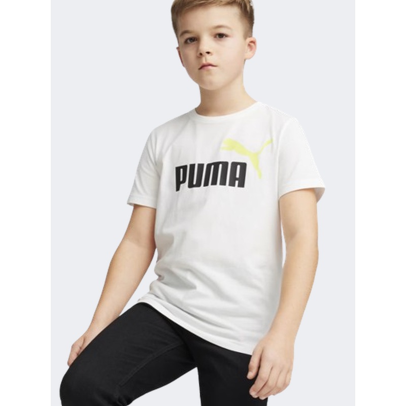 Puma Essential Plus 2 Col Logo Boys Lifestyle T-Shirt White/Lime Sheen